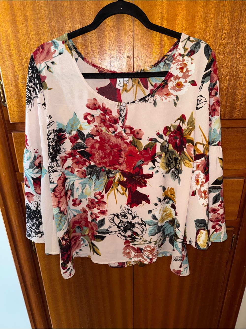 Jules & Leopold Floral Cream Blouse with Red, Teal & Black Accents